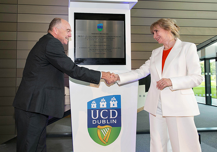 UCD President Professor Andrew J Deeks with centre founding donor and business leader Angela Moore.